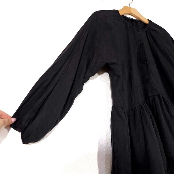 NEW Zara Tiered Button Front Babydoll Mini with Lantern Sleeves in Black Small - Picture 5 of 12